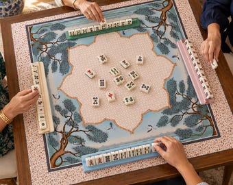 Può includere: Un tavolo da mahjong quadrato con una superficie di gioco centrale caratterizzata da un design a forma di loto, illustrazioni di pini e gru in volo. Quattro rastrelliere colorate contengono tessere bianche con simboli e caratteri rossi, verdi e neri.