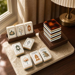 Puede incluir: Un juego de fichas de Mahjong rectangulares con ilustraciones detalladas de flores de loto, grullas, pagodas, tigres y la palabra JOKER. Las fichas blancas con detalles en color se exhiben sobre una superficie de piedra con soportes de madera.