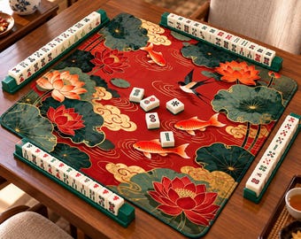 Può includere: Un tappetino da mahjong quadrato con sfondo rosso, decorato con illustrazioni di pesci koi arancioni, un uccello bianco e nero e grandi fiori di loto con foglie verdi. Quattro supporti verdi per tessere circondano il tappetino con tessere bianche.