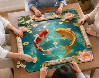 Peut inclure: Un tapis de mah-jong rectangulaire illustrant un étang avec une carpe koï rouge et blanche, une carpe koï dorée, des fleurs de lotus roses et des pièces d'or. Quatre réglettes en bois sont placées sur les bords, contenant des tuiles blanches.