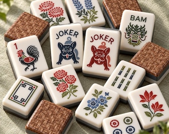 Può includere: Una collezione di tessere rettangolari da mahjong con vari disegni, tra cui motivi floreali, un gallo con il numero uno, due tessere etichettate JOKER con illustrazioni di cani, un drago con la scritta BAM e tessere con retro intrecciato marrone.