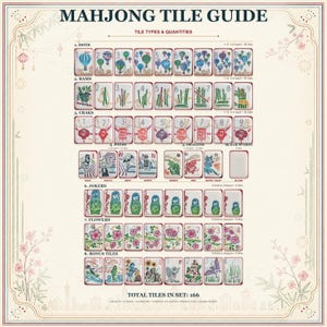 Puede incluir: Una gu&iacute;a de fichas de Mahjong que muestra 166 piezas clasificadas en puntos, bamb&uacute;es, caracteres, vientos, dragones, comodines, flores y fichas extra. Cada secci&oacute;n presenta ilustraciones numeradas de globos, bamb&uacute;, linternas y figuras.