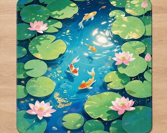Peut inclure: Un tapis de bureau rectangulaire représentant une scène d'étang vibrante avec plusieurs poissons koï orange et blancs nageant parmi de nombreux nénuphars verts et plusieurs fleurs de lotus roses écloses sur une surface d'eau bleu profond.