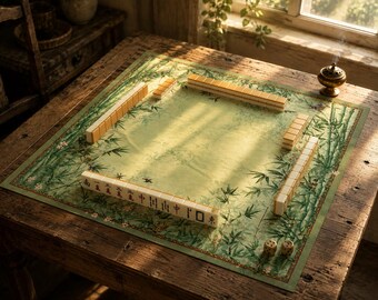 Peut inclure: Un tapis de mah-jong carré orné d'un motif de forêt de bambous verts avec une bordure de petites fleurs. Quatre rangées de tuiles de mah-jong couleur crème sont disposées en carré sur le tapis, accompagnées de deux petits dés dans le coin.