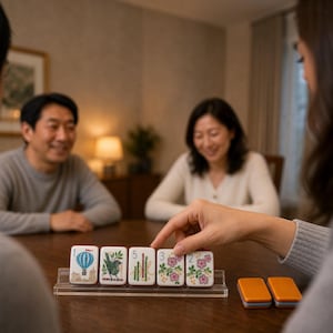 Puede incluir: Un conjunto de fichas de juego rectangulares con esquinas redondeadas, que presentan ilustraciones coloridas de un globo aerost&aacute;tico, un p&aacute;jaro, tallos de bamb&uacute; y flores, con los n&uacute;meros 1, 5, 3 y 2 impresos, dispuestas en un soporte de acr&iacute;lico.