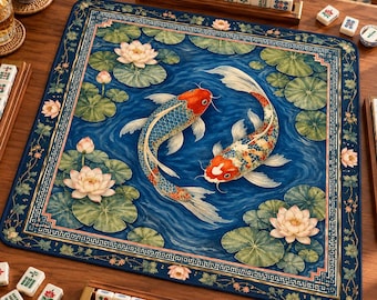Può includere: Un tappetino da mahjong quadrato con uno sfondo d'acqua blu intenso con due pesci koi che nuotano in cerchio, circondati da ninfee verdi e fiori di loto rosa pallido. Il tappetino presenta un bordo decorativo con un motivo floreale ripetuto.
