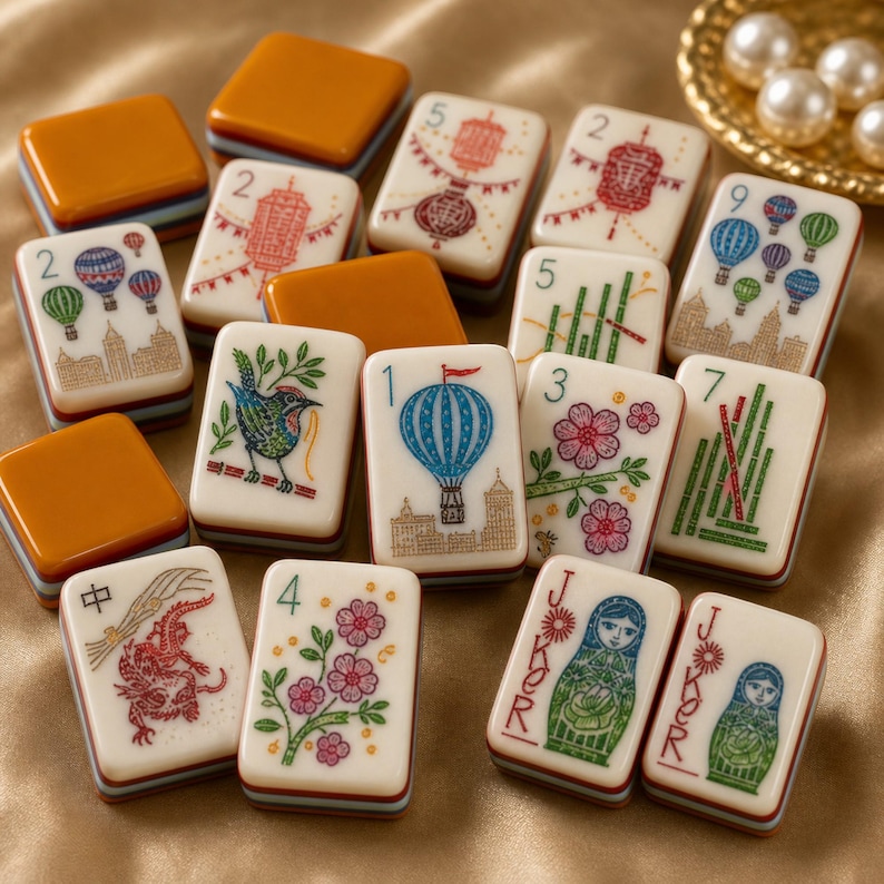 Puede incluir: Una colecci&oacute;n de fichas de mahjong rectangulares con caras de color crema e ilustraciones coloridas de globos aerost&aacute;ticos, flores, p&aacute;jaros, dragones, linternas y mu&ntilde;ecas rusas, junto a fichas con reverso naranja y marcas num&eacute;ricas.