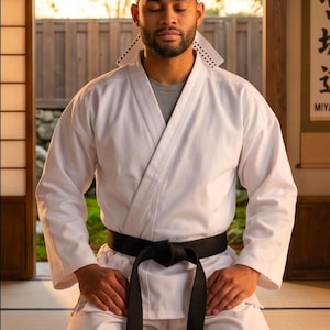 May include: A white martial arts uniform consisting of a long-sleeved jacket and trousers, secured with a black belt tied at the waist. A white headband with a blue sunburst pattern is worn on the head. The outfit is worn over a grey t-shirt.