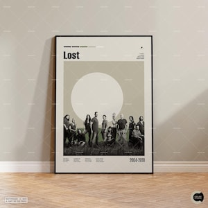 May include: A vertical rectangular poster featuring the title Lost in bold black text at the top. Below, a large pale circle sits above a black and white photograph of a group of people standing in a field. The dates 2004-2010 appear at the bottom.