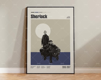 May include: A vertical rectangular poster featuring the title Sherlock in bold black text. The design includes a grayscale illustration of two figures, one standing and one seated in a chair, set against a beige background with a large white circle.