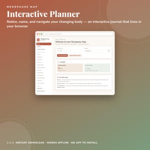 Puede incluir: Un planificador interactivo digital titulado Menopause Map mostrado en una interfaz de navegador. La pantalla presenta un panel con secciones para el seguimiento de síntomas, energía y estado de ánimo, con un diseño limpio y claro.