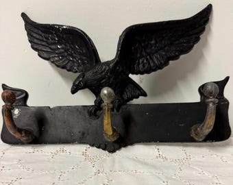 Vintage Cast Iron Eagle Coat Rack – Triple Hook Wall Hanger, Rustic Americana Decor