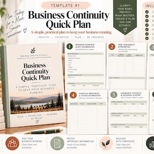 Op de afbeelding: Een Business Continuity Quick Plan sjabloon van Prairie Office Studio met een voorpagina met een berglandschap en zes genummerde pagina's voor risicobeoordeling, actieplannen, noodcontacten en herstelchecklists.