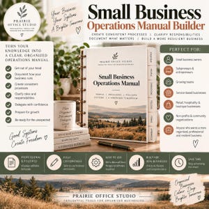 Könnte beinhalten: Ein Small Business Operations Manual Builder Ordner mit Landschaftsmotiv auf dem Einband, ausgestattet mit Registerkarten für Overview, People, Operations, Policies, Forms und Appendices. Enthält einen passenden Becher und einen schwarzen Stift auf einer Holzoberfläche.