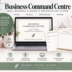 May include: A 46-page business command centre planner and organization system featuring a laptop displaying a digital dashboard, printed planning sheets for monthly tracking, client management, and marketing, plus a pen and a mug labeled Big Plans.