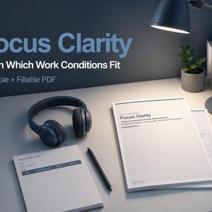 May include: A Focus Clarity printable and fillable PDF document set featuring a Focus Session Log and a 14-day guide. The set includes dark gray over-ear headphones and a black pen, presented on a desk surface with a lamp and books nearby.