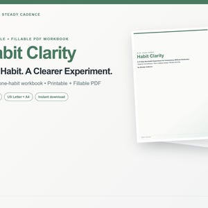 以下が含まれることがあります： 「Habit Clarity, One Habit. A Clearer Experiment.」というタイトルの印刷および入力可能なPDFワークブック。20ページのドキュメントには21日間の習慣トラッカーが含まれており、USレターおよびA4サイズで利用可能です。白地にダークグリーンのテキストが特徴です。