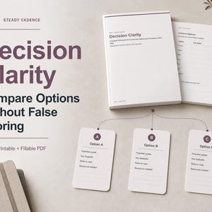 May include: A Decision Clarity workbook with a white cover and dark purple text. The workbook includes a page titled Compare Options with a table for criteria and notes. Three white cards labeled Option A, B, and C are connected by lines.