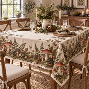 May include: A rectangular tablecloth featuring a printed pattern of red mushrooms, green ferns, oak leaves, and small snails on a light beige fabric. The design borders the edges of the cloth, which is draped over a wooden dining table with chairs.