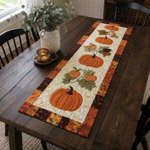 May include: A rectangular quilted table runner featuring a central cream-colored panel decorated with appliqued orange pumpkins and green leaves. The runner is bordered by a patchwork frame of various autumn-themed fabrics in shades of brown, orange, and black.
