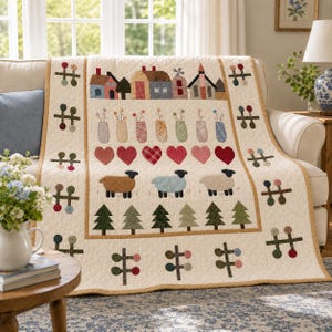 May include: A cream-colored quilt featuring rows of appliqued designs including houses, vases with flowers, hearts, sheep, and pine trees. The border is decorated with repeating cross-shaped motifs in various colors, framed by a tan fabric trim.
