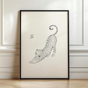 Leopard Line Art Print, Minimalistisk Stor Katt Väggkonst, Svart och krämfärgad bläckteckning Poster