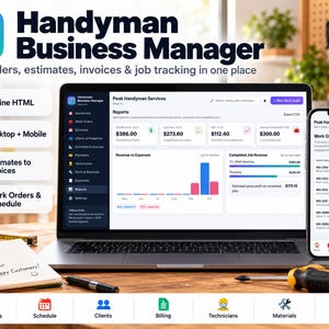 Puede incluir: Un ordenador portátil y un smartphone que muestran la interfaz del software Handyman Business Manager, con órdenes de trabajo, presupuestos, facturas y seguimiento. La pantalla presenta informes financieros y gráficos.