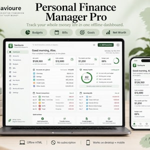Puede incluir: Un ordenador portátil y un smartphone que muestran el panel de control de Savioure Personal Finance Manager Pro. La pantalla presenta datos financieros como el patrimonio neto, efectivo disponible, flujo de caja mensual, presupuesto y transacciones.