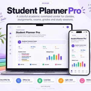 Könnte beinhalten: Eine digitale Student Planner Pro-Oberfläche auf einem Laptop-Bildschirm und einem Smartphone. Das Dashboard enthält ein akademisches Kontrollzentrum mit Aufgabenanzahl, Lernstunden, Notendurchschnitten, einem Fristen-Center und einem Balkendiagramm.