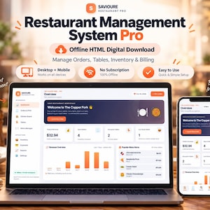 Può includere: Un computer portatile e uno smartphone mostrano la dashboard del Savioure Restaurant Management System Pro. L'interfaccia mostra l'area di lavoro The Copper Fork con grafici dei ricavi, riepiloghi degli ordini e voci di menu. Il testo include Desktop + Mobile, No Subscription e Easy to Use.