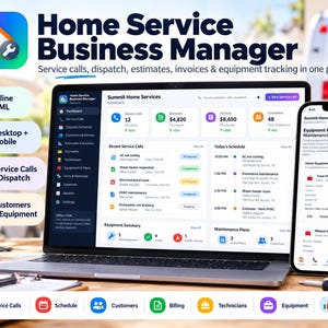 Può includere: Un computer portatile e uno smartphone che mostrano l'interfaccia del software Home Service Business Manager. Gli schermi visualizzano dashboard per chiamate di servizio, pianificazione, preventivi, fatture e monitoraggio delle attrezzature.
