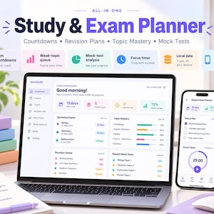 May include: An all-in-one study and exam planner software displayed on a laptop and smartphone screen. The interface features dashboards for exam countdowns, revision plans, topic mastery, and mock tests with data visualizations and progress tracking.