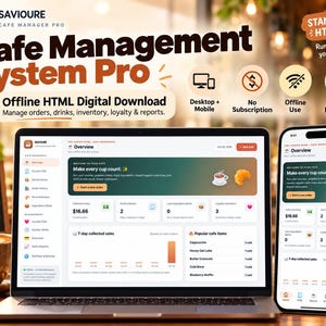 May include: A digital cafe management system interface displayed on a laptop and smartphone. The screen shows a dashboard with sales data, order tracking, and inventory management tools. Text includes Cafe Management System Pro.