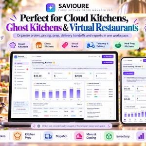May include: A laptop and smartphone displaying the Savioure cloud kitchen order manager software interface. The screen shows sales data, order status, and kitchen operations. Text includes Savioure Cloud Kitchen Order Manager Pro.