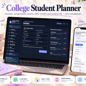 Może przedstawiać: Cyfrowy planer dla studentów wyświetlony na ekranie laptopa i smartfona. Interfejs pokazuje ustawienia, konfigurację semestru oraz terminy zadań. Układ zawiera etykiety tekstowe dotyczące kursów, egzaminów i śledzenia średniej ocen.