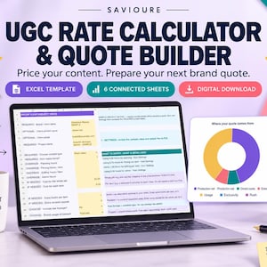May include: A laptop displaying a UGC rate calculator and quote builder spreadsheet with six connected sheets. The screen shows project data, a donut chart breakdown, and text labels. A white mug with text and a box are on the desk.