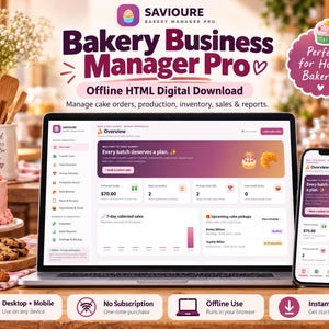 May include: A digital bakery management software displayed on a laptop and smartphone screen. The interface features a dashboard with text including Bakery Business Manager Pro, Overview, and 7-day collected sales, alongside icons for cake orders, production, and inventory.