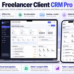 May include: A digital Freelancer Client CRM Pro dashboard displayed on a laptop and smartphone screen. The interface features sections for leads, clients, projects, proposals, invoices, and payments, with text labels including Good morning, Jordan.