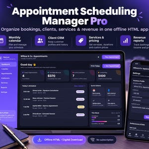 Appointment Scheduling Manager | Client CRM, Calendar, Services And Revenue Tracker | Offline HTML Digital Download