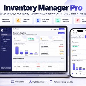 Peut inclure: Logiciel Inventory Manager Pro affiché sur l'écran d'un ordinateur portable et d'un smartphone. L'interface présente un tableau de bord de stock avec les niveaux de stock, les commandes et le suivi des fournisseurs. Outil HTML hors ligne.