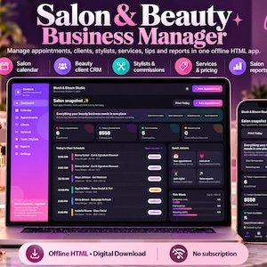 Può includere: Un'interfaccia software Salon & Beauty Business Manager visualizzata su uno schermo di laptop e smartphone. La dashboard a tema scuro con accenti rosa e viola mostra calendari degli appuntamenti, dati dei clienti e report.
