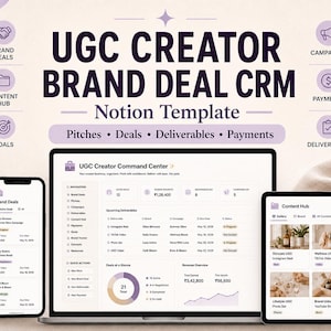 May include: A digital Notion template for UGC creators titled UGC Creator Brand Deal CRM, displayed on a laptop, smartphone, and tablet. The interface features sections for brand deals, content hubs, campaigns, payments, and deliverables.