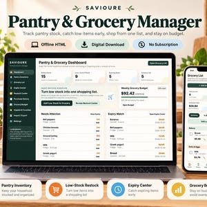 May include: A digital pantry and grocery manager software displayed on a laptop screen and a smartphone. The interface shows a dashboard with inventory, grocery lists, budget tracking, and expiry alerts. The text reads Savioure Pantry & Grocery Manager.