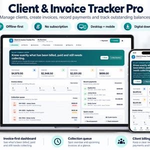 Può includere: Un'interfaccia software digitale Client & Invoice Tracker Pro visualizzata su uno schermo di laptop e smartphone. La dashboard presenta sezioni per gli importi totali fatturati, incassati, in sospeso e scaduti, oltre a una coda di riscossione e pagamenti.