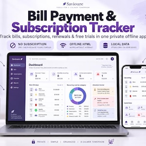 May include: A digital Bill Payment & Subscription Tracker app displayed on a laptop and smartphone. The interface shows a dashboard with recurring costs, a pie chart, and upcoming due dates. Text includes Savioure, Your Finances. Your Control.