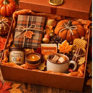 May include: A brown gift box filled with autumn-themed items including a plaid-wrapped gift, a fabric pumpkin, a candle labelled Autumn Harvest Tea, a packet of Spiced Cider, a ceramic mug, a maple leaf cookie, and a bundle of cinnamon sticks.