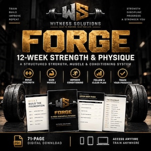 Könnte beinhalten: Ein 71-seitiger digitaler Download mit dem Titel Forge 12-Week Strength & Physique, ein strukturiertes Kraft-, Muskel- und Konditionierungssystem. Die Grafik zeigt goldenen Text, Hantelsymbole und Trainingsplanseiten mit Fahrplan und Tagesplänen.