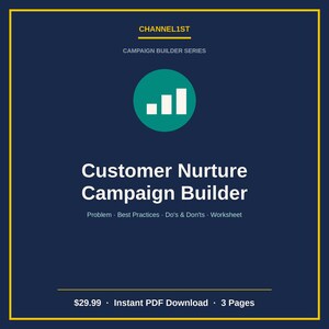 May include: A dark blue digital document titled Customer Nurture Campaign Builder from the Channel1st Campaign Builder Series. It features a teal circle with a white bar chart icon, and lists sections for Problem, Best Practices, Do's & Don'ts, and Worksheet.