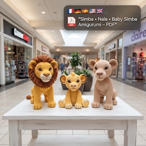 May include: Three crocheted amigurumi lion figures, including a large adult male with a dark brown mane, a small cub, and a large adult female, all featuring detailed stitching and dark eyes, with text reading Simba Nala Baby Simba Amigurumi PDF.