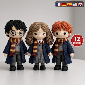 May include: Three 12 inches tall crochet dolls representing characters with black, brown, and orange yarn hair. Each doll wears a dark blue robe, a grey sweater, a striped maroon and gold scarf, and black shoes. One doll features round glasses.